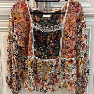 Anthropologie Maeve Floral Peasant Bohemian Blouse Square Neckline size M